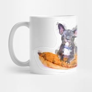 Cute Black And White Bulldog Puppy On A Orange Cusion Digital Portrait Mug